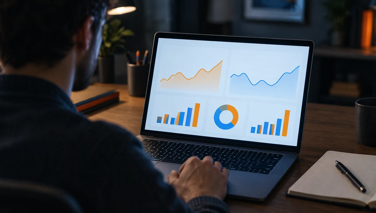 Laptop showing a simple marketing dashboard during a Friday review