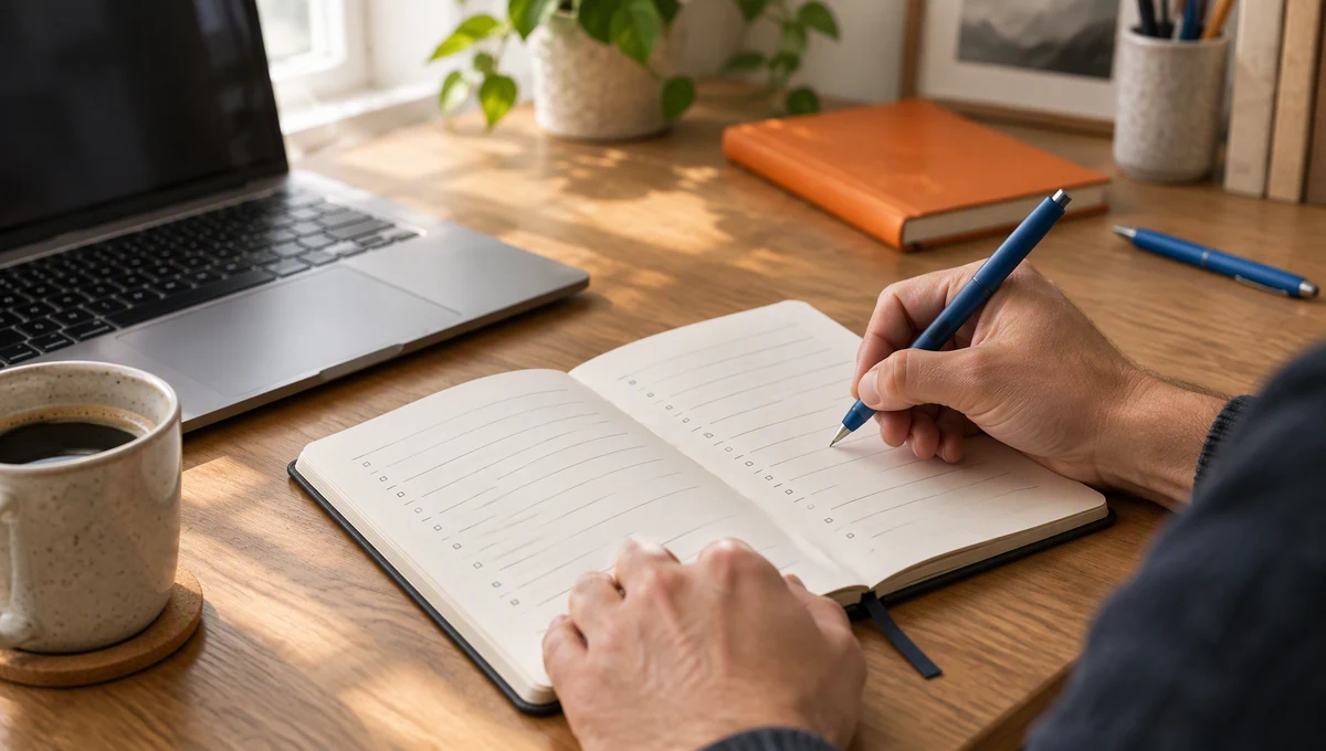 Founder writing a weekly marketing plan in a notebook beside a laptop
